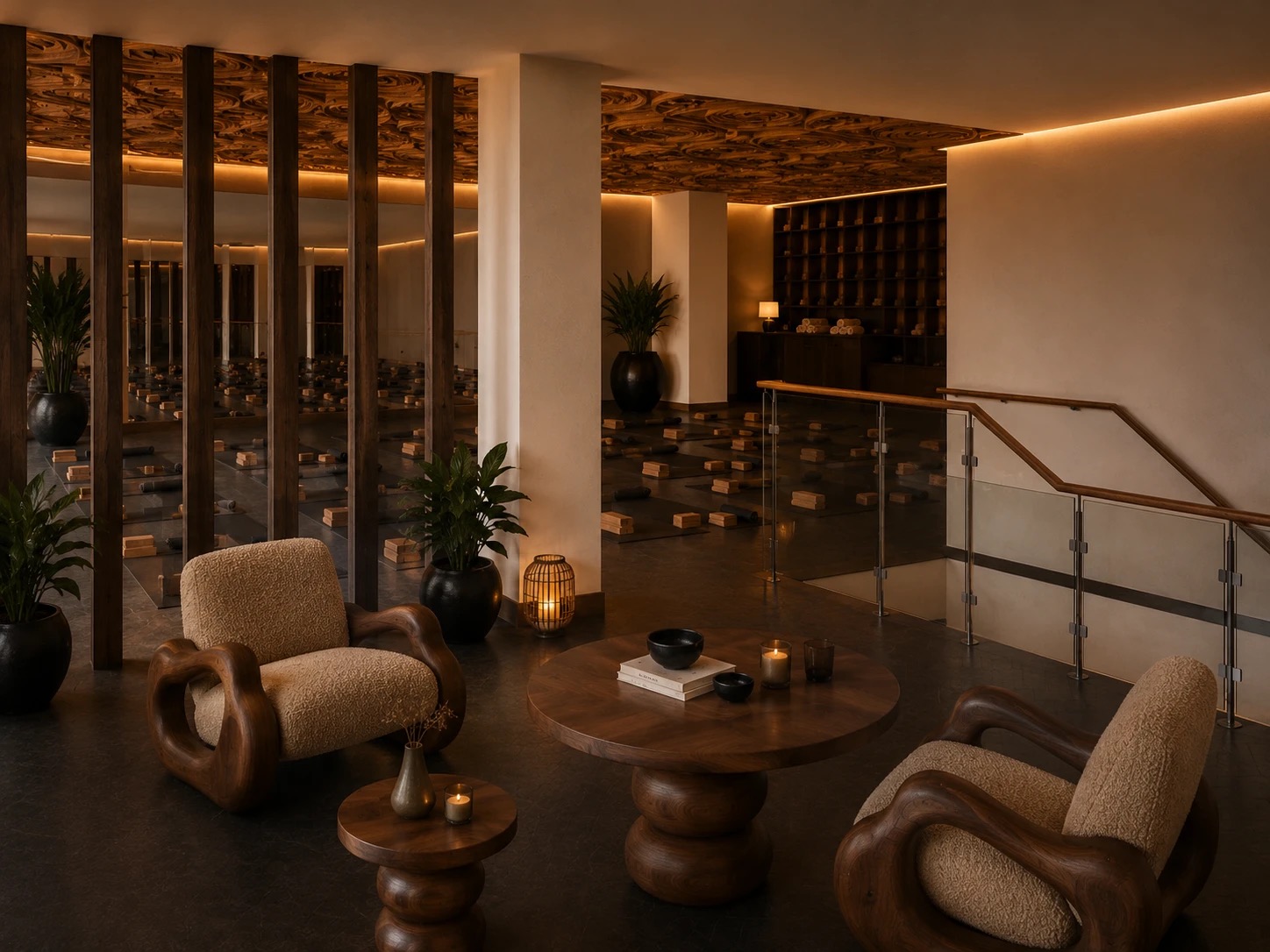 Lounge et studio de Core House Dakar, fauteuils design et studio visible en arrière-plan