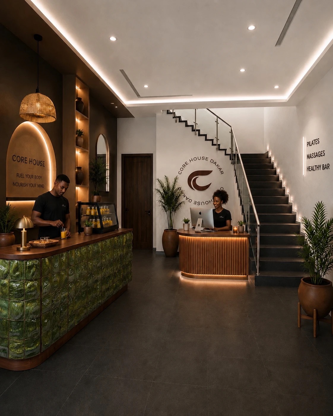 Réception et bar de Core House Dakar, comptoir en zellige vert et escalier lumineux